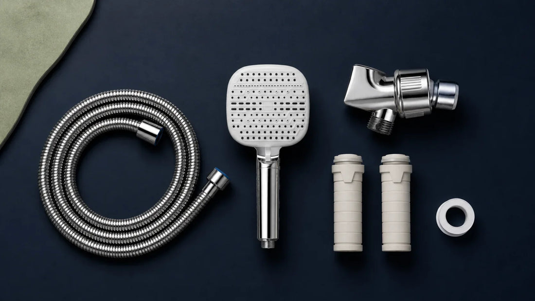 LiberaQuar S-1 handheld shower head set parts arranged as a complete installation kit.