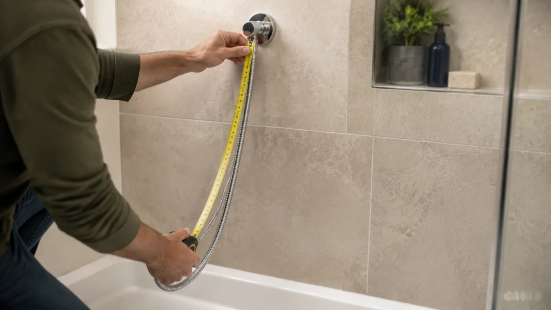 A handheld shower hose measured along its real hanging path in a shower.