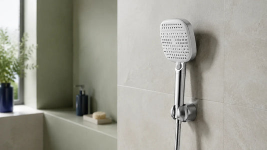 A square-faced handheld shower head resting in a chrome holder in a calm modern bathroom.