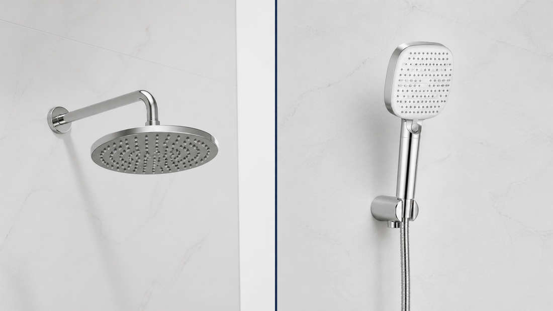 Side-by-side comparison of a fixed shower head and the LiberaQuar S-1 handheld shower head