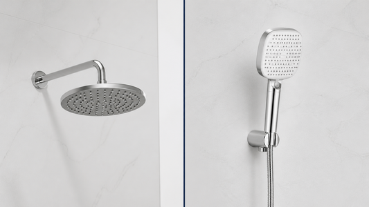 Side-by-side comparison of a fixed shower head and the LiberaQuar S-1 handheld shower head