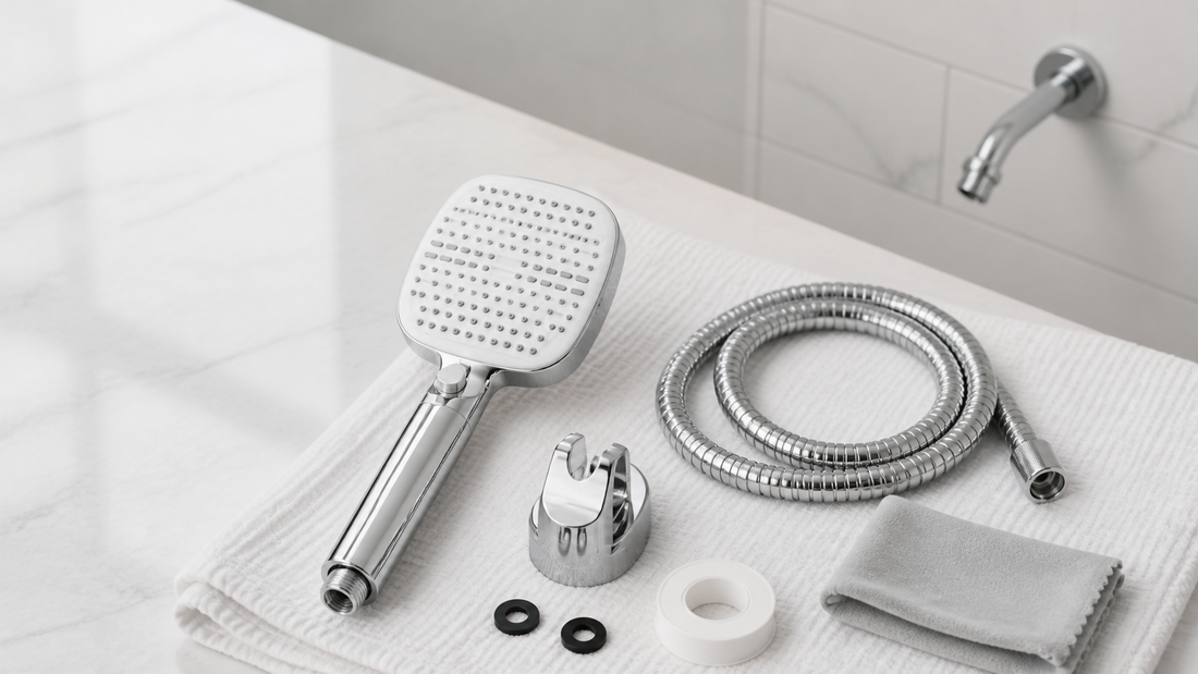 LiberaQuar S-1 handheld shower head with hose, bracket, washers and basic installation items