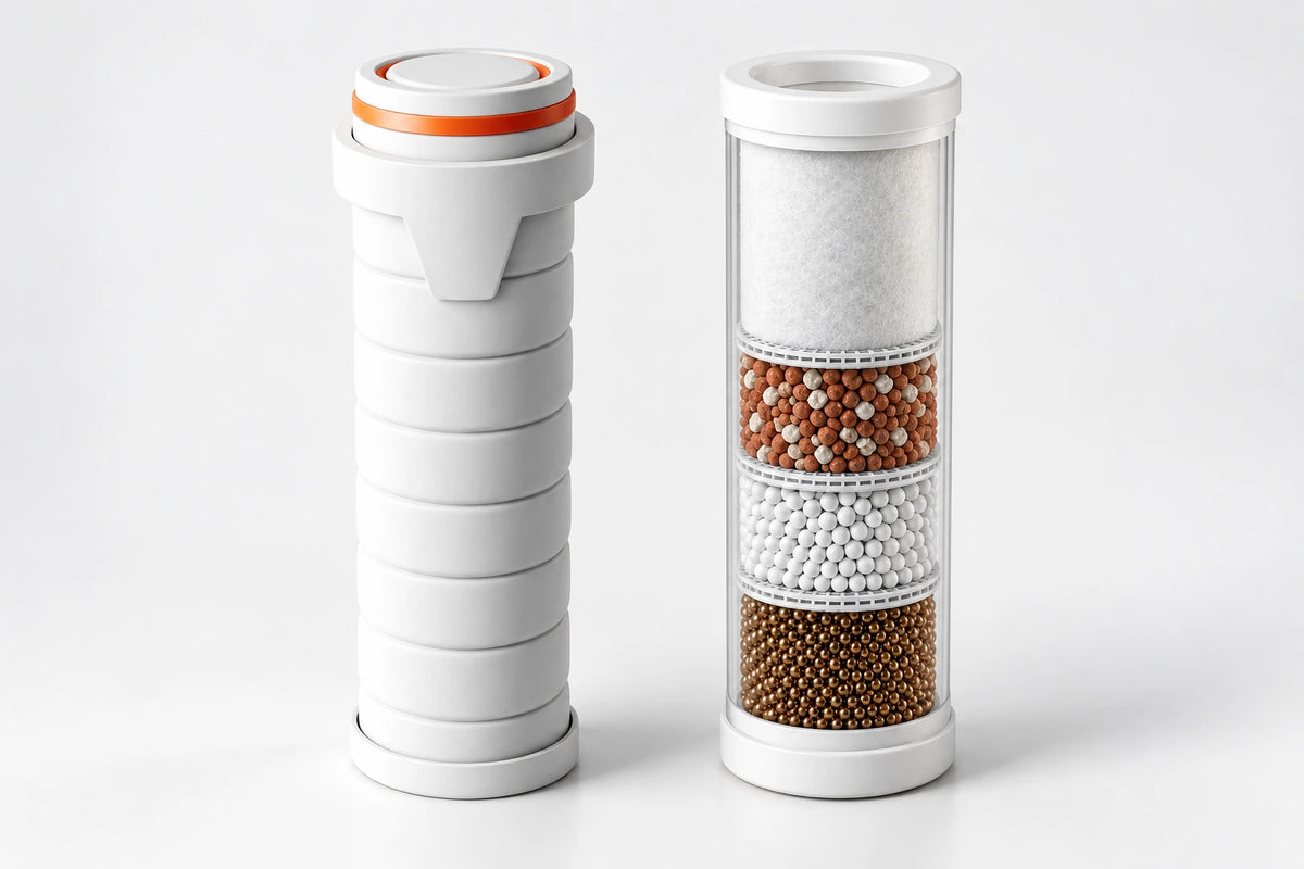 S-1 filter cartridge beside an enlarged view of its four internal media layers