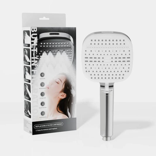 S-1 chrome shower head with white spray face and retail packaging