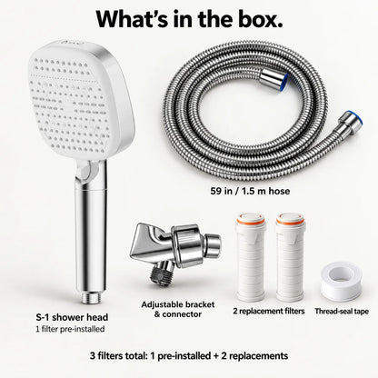 S-1 complete set with a 59-inch hose, adjustable holder, tape and two replacement filters; one filter is pre-installed