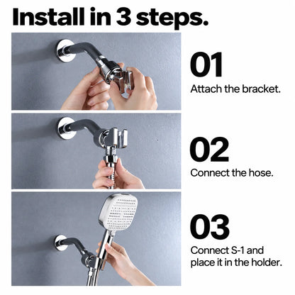 Three installation steps: attach the bracket, connect the hose, and connect S-1
