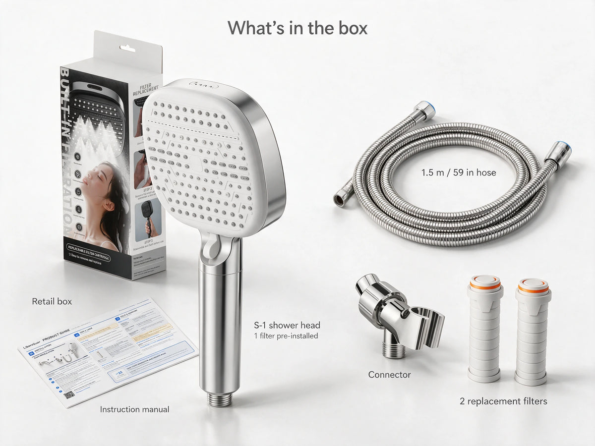 LiberaQuar S-1 chrome shower head set with one pre-installed filter, two replacement filters, 59-inch hose, connector, retail box and instruction manual
