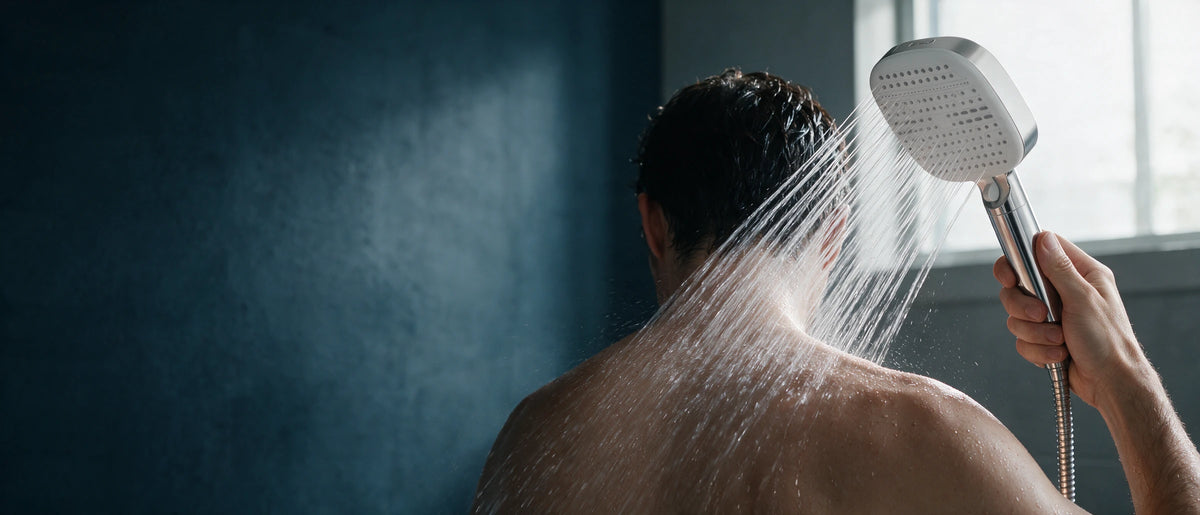 S-1 handheld shower in use, rinsing shoulders with the Rain spray